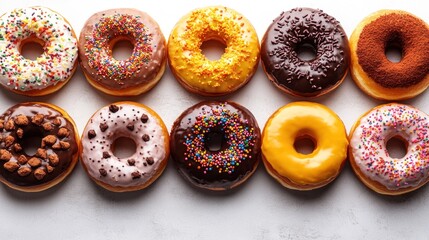 Row of colorful donuts with various toppings.