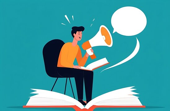 Storytelling communicate brand story or idea to listener, narrative message, content or article writing or advertising creativity concept, young man on opening book telling story on megaphone.
