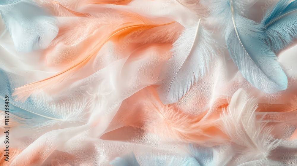 Aufkleber a textured fabric pattern featuring delicate feathers in soft pastel hues, creating a light and airy