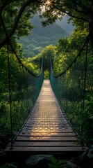 A serene suspension bridge surrounded by lush greenery, inviting exploration and connection with nature.