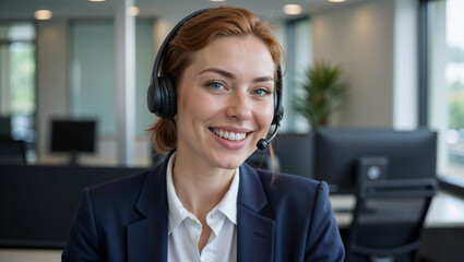Enthusiastic female support specialist with headset consulting in modern workspace