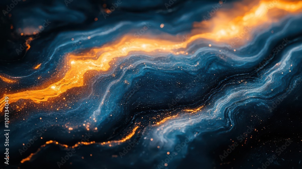 Poster a vibrant abstract image featuring swirling blue and orange patterns reminiscent of cosmic phenomena
