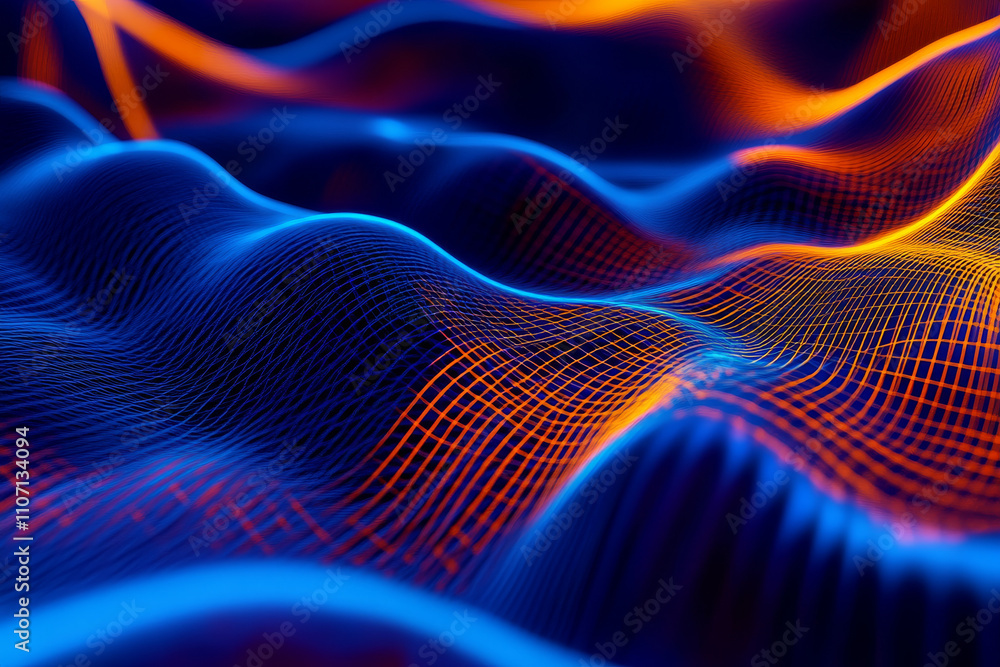 Poster abstract luminous grid motion, intricate neon blue and orange lines glowing in dynamic patterns, fut