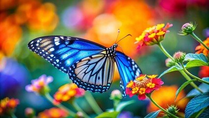 Fototapeta premium Stunning Tilt-Shift Photography of a Blue Monarch Butterfly on a Flower, Capturing the Delicate Beauty of Nature's Insects in Vibrant Detail