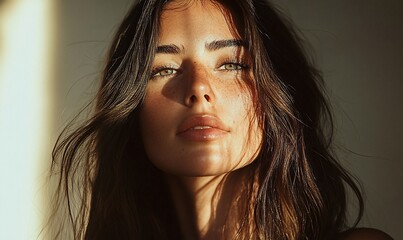 A close-up portrait of a woman with natural beauty and soft lighting.