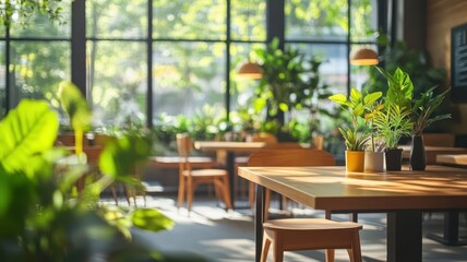 Cozy coworking cafe with sleek wooden furniture, natural light pouring through large windows, modern workspace design, and vibrant indoor plants