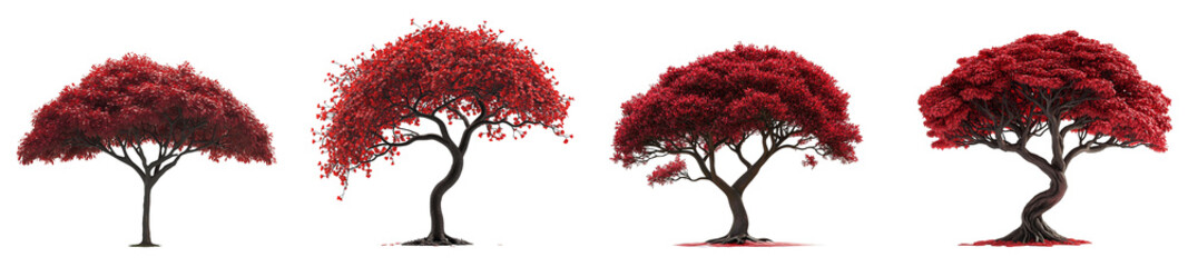 vibrant red trees artistic illustration set diverse styles transparent background