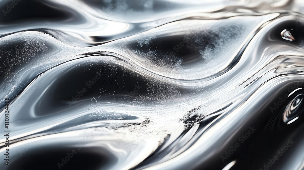 Poster a close-up view of smooth, reflective black liquid, showcasing intricate wave-like patterns and subt
