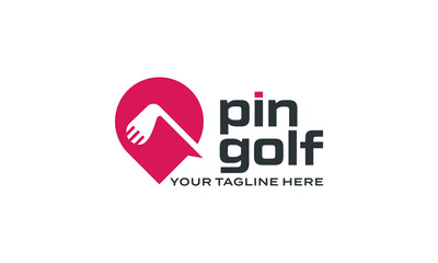 Pin golf logo design with location pin and golf club.