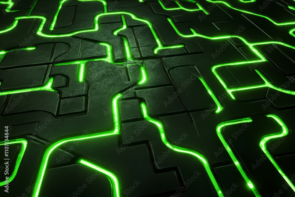Poster abstract glowing circuit pattern, intricate green pathways illuminated on a dark metallic surface, m