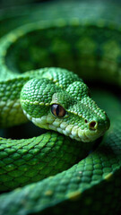 Fototapeta premium A coiled green snake against a green natural background. Symbol of New Year according the Eastern calendar. Fear and snakephobia concept. A dangerous reptile. Poisonous animal