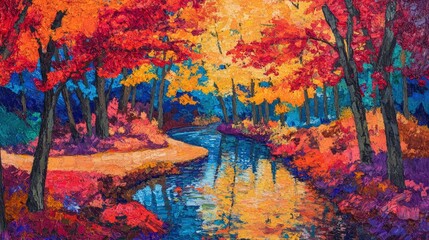 A vibrant and colorful autumn landscape, with trees in full fall color