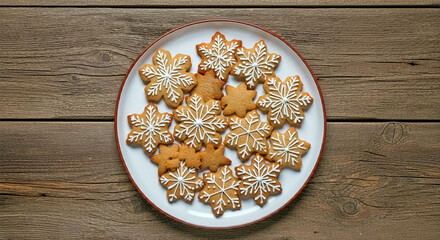Festive plate of gingerbread cookies, snowflakes and stars. aerial view.