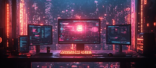 Fototapeta premium A cyberpunk aesthetic computer setup with three monitors displaying data and code, set against a backdrop of a glowing city.