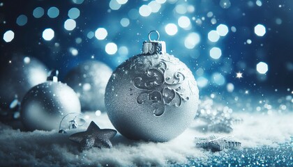 Silver Christmas Ornament - Decorated Christmas Bauble Background with Space for Copy - Christmas Ornament with Christmas Tree - Holiday Diffused Bokeh Wallpaper - Snow, Mistletoe and Presents