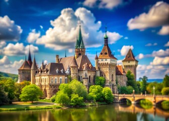 Naklejka premium Stunning Tilt-Shift Photography of Vajdahunyad Castle in Budapest Against a Beautiful Blue Sky with Fluffy Clouds on a Bright Sunny Day