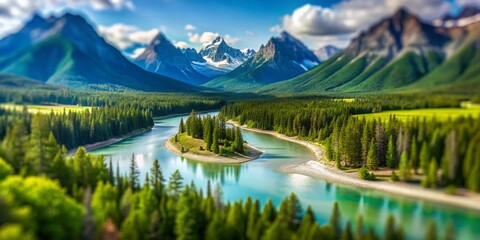 Fototapeta premium Stunning Tilt-Shift Photography of The Bow River with Lush Greenery and Majestic Mountains in the Background, Capturing Nature's Beauty in a Miniature World Effect