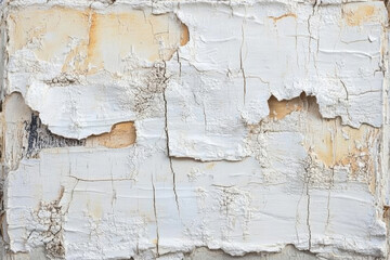 Fototapeta premium Textured cracked paint, rugged white and beige tones with visible aged layers, rustic and tactile