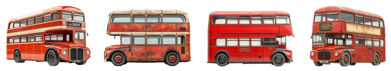 vintage red double decker buses collection isolated on transparent background