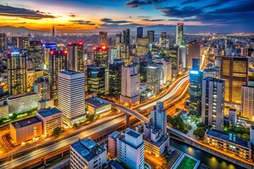 Fototapeta premium Stunning Timelapse View of Osaka Cityscape at Night: A Breathtaking Blend of Modern Architecture and Vibrant City Lights in Kansai Region, Japan