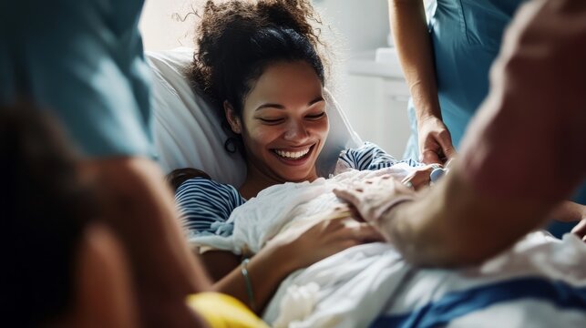 A midwife assisting a pregnant woman during labor in a birthing center, with supportive family members around, Tender style