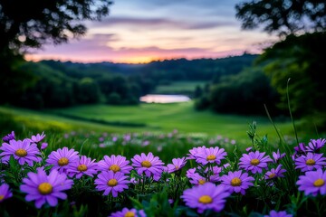 Colorful Wildflowers in Bloom at Sunset in Lush Valley