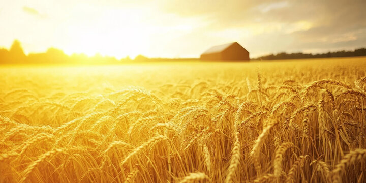 A serene countryside barn surrounded by golden fields of wheat under a soft orange sunset. The rustic and nostalgic setting evokes a sense of simplicity and peace.