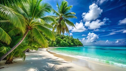 Obraz premium Stunning Tropical Beach Landscape with White Sand, Crystal Blue Water, and Lush Green Palm Trees Perfect for Fashion Photography and Relaxation Themes