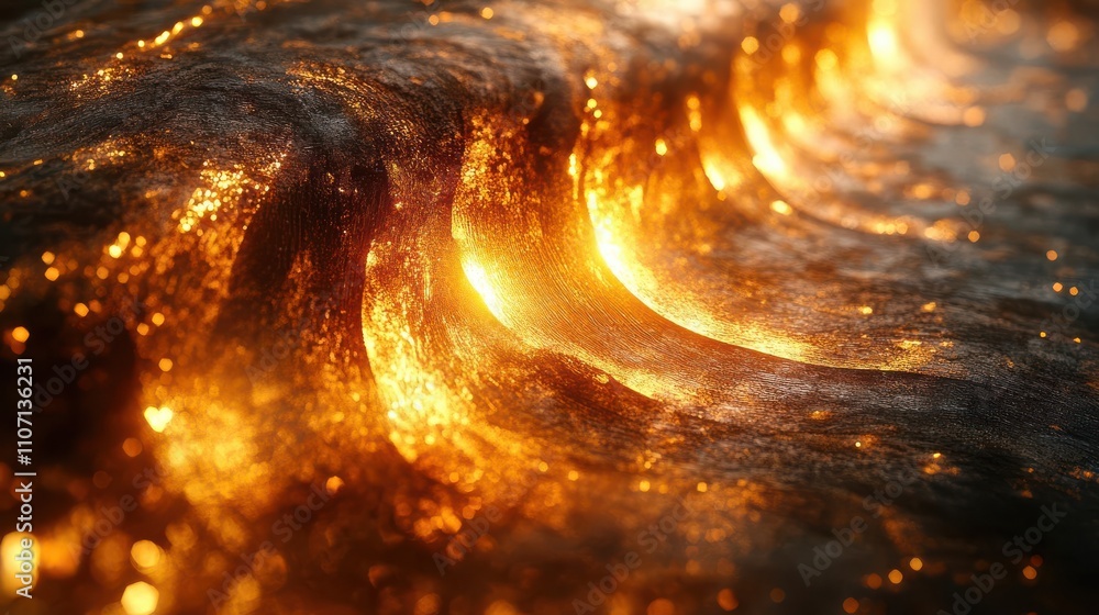 Poster a mesmerizing close-up of glowing waves, shimmering with golden light, creating a captivating visual
