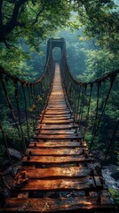 Fototapeta premium A rustic wooden suspension bridge stretches over a lush, misty forest landscape.
