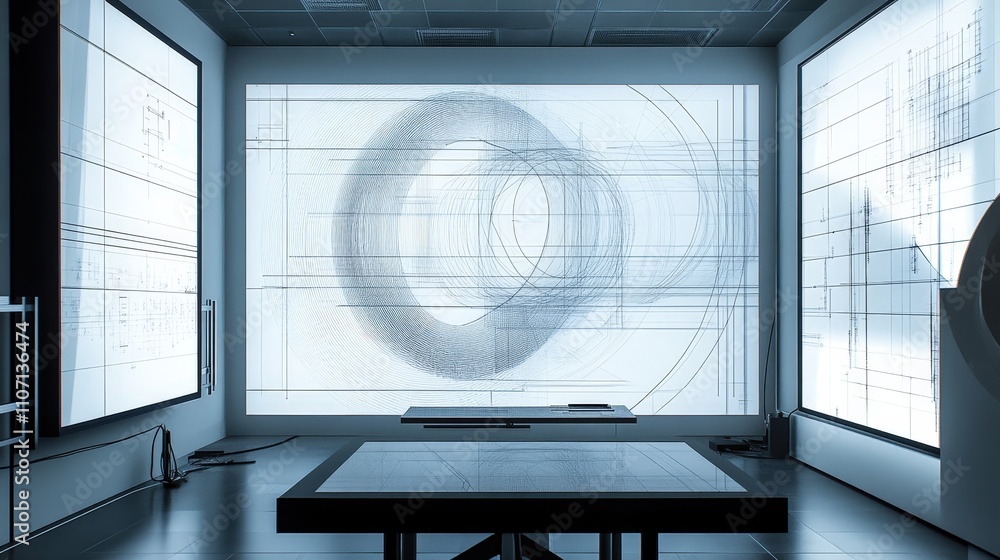 Poster a virtual display of advanced geometric calculations, showing shapes, angles, and equations being so