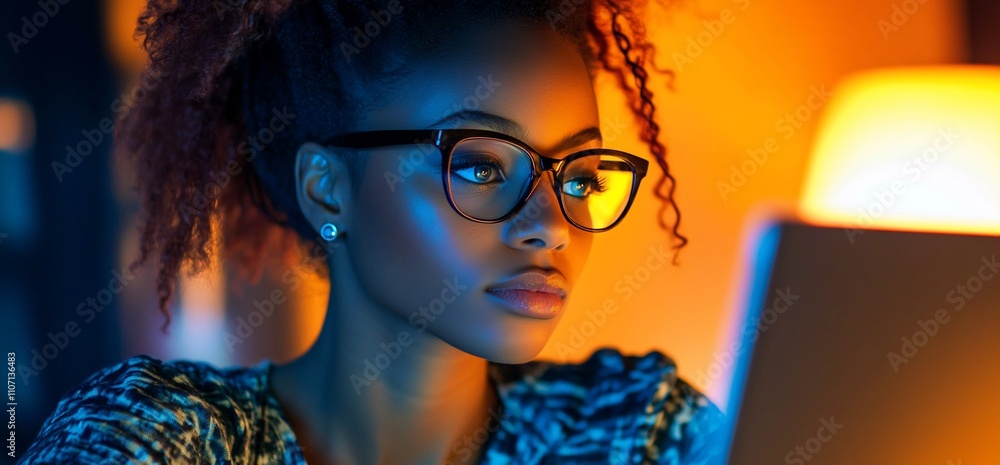 Poster a focused individual using a laptop in a cozy, illuminated setting.