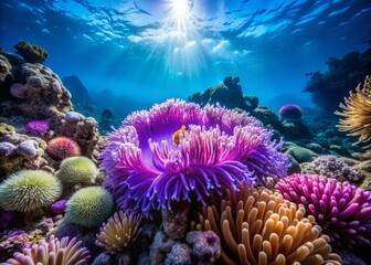 Obraz premium Stunning Underwater Scene Featuring a Purple Giant Carpet Sea Anemone (Stichodactyla gigantea) Amidst Vibrant Coral Reefs in a Thriving Marine Ecosystem