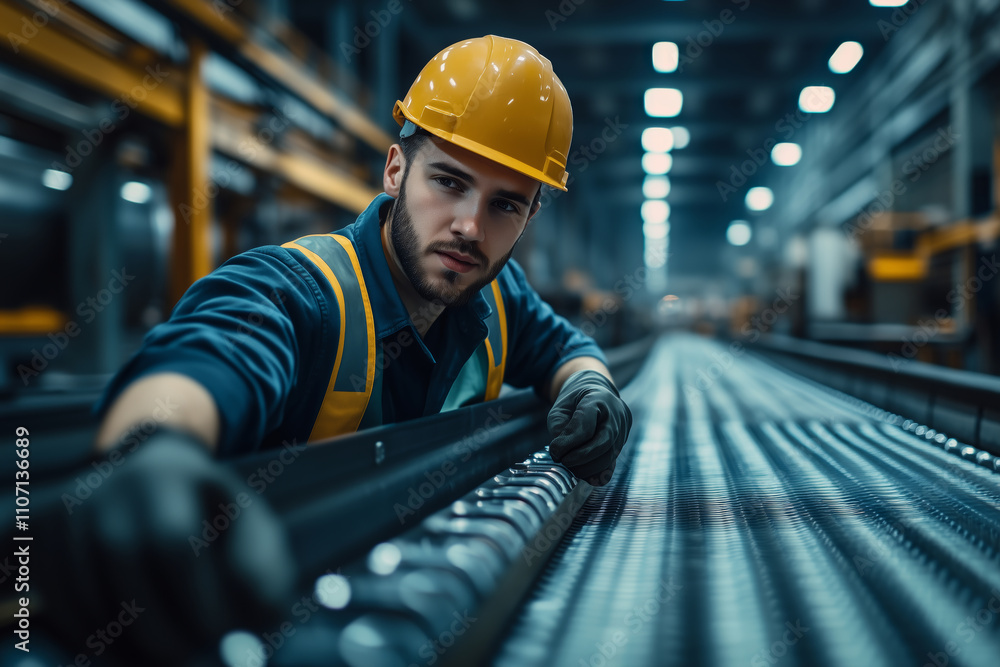 Poster skilled operator performs troubleshooting in industrial environment at night