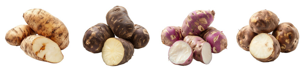 Obraz premium assorted types of fresh root vegetables sliced exposed transparent background