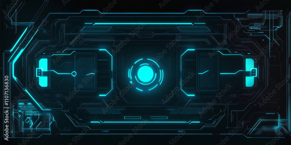 Poster a futuristic digital interface background with glowing holographic elements in blue and cyan. circui