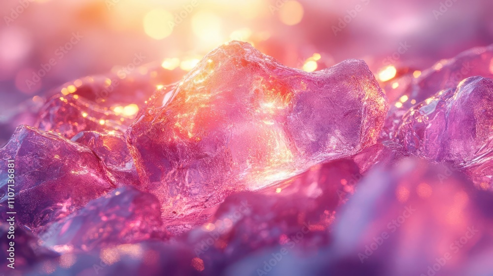 Poster a close-up view of shimmering, translucent purple crystals reflecting light, creating a mesmerizing 