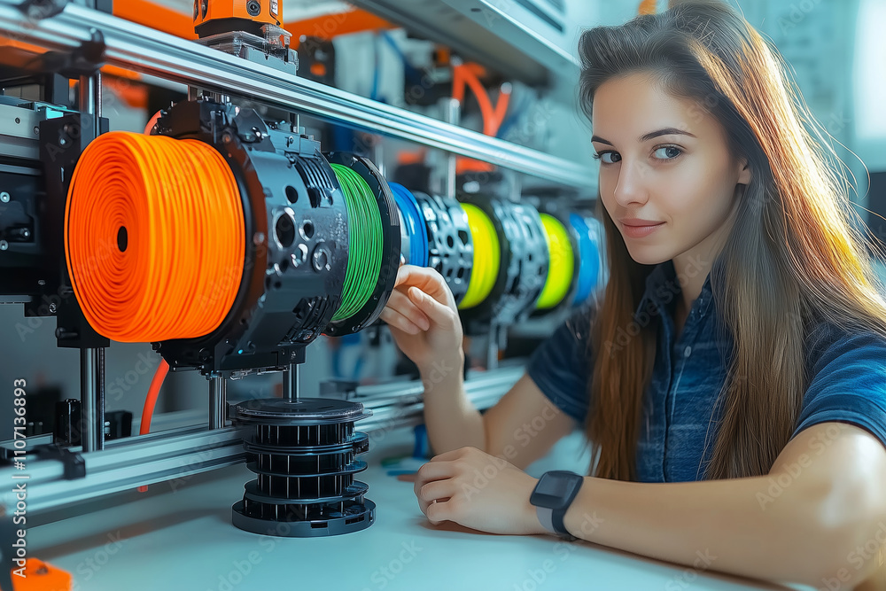 Poster expert in printing technology adjusts colorful filament on a 3d printer