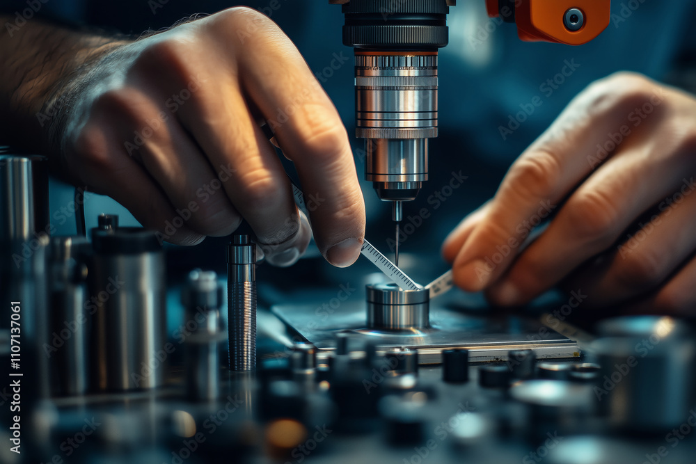 Poster Quality controller meticulously examines precision components in a workshop