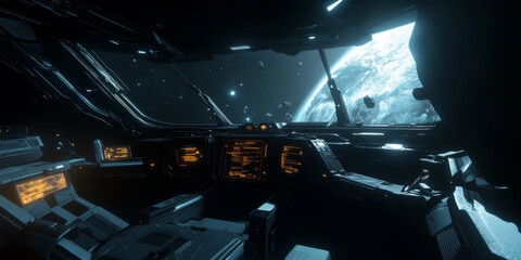 A futuristic spaceship interior with sleek metallic walls, glowing control panels, and a large observation window showing a distant galaxy. The advanced design captures the essence of space
