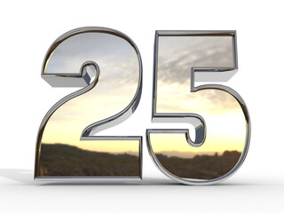 Isolated Logo of Silver Jubilee Anniversary. Gold Metallic Three Dimensional Alphabet 25. 3D Render Illustration.