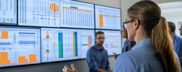 A supply chain team discussing procurement budgets with detailed spreadsheets and graphs on digital screens