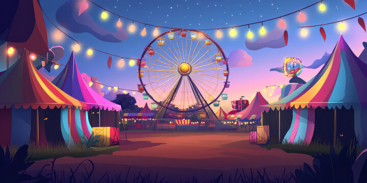 A colorful carnival scene with a Ferris wheel, vibrant tents, and strings of lights against a twilight sky. The ground is bustling with energy, evoking a playful and cheerful vibe.