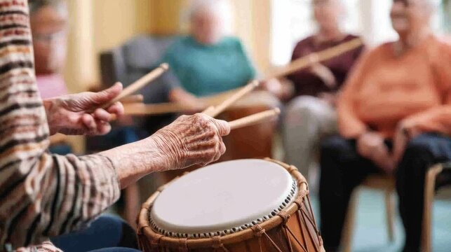 A music therapist conducting a drum circle therapy session with elderly residents in a nursing home, with musical instruments and therapeutic environment visible, Therapeutic style