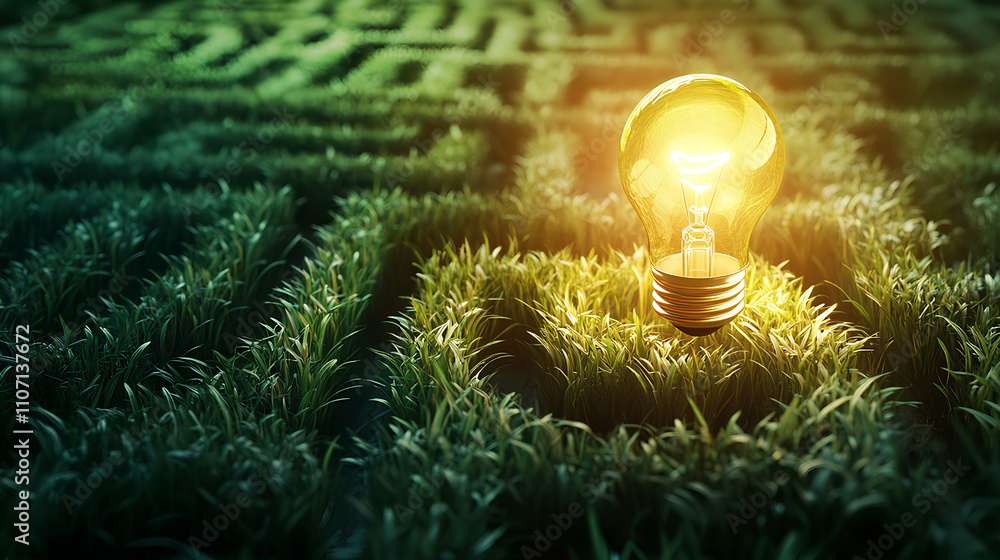 Poster glowing lightbulb sits at the center of a sprawling, green maze, symbolizing an idea or solution wit