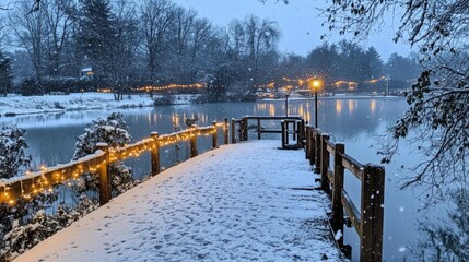 Fototapeta premium Serene Winter Landscape with Snow-Covered Path and Soft Lights Reflected in Calm Water During a Peaceful Snowfall Evening