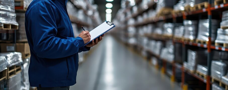 Side view of a supply chain professional counting inventory with a clipboard in a warehouse aisle