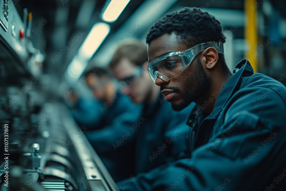 Poster Diverse production line specialists collaborating in a modern factory setting