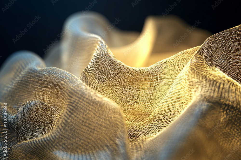 Poster abstract glowing mesh texture, intricate golden threads forming dynamic wave patterns, futuristic an