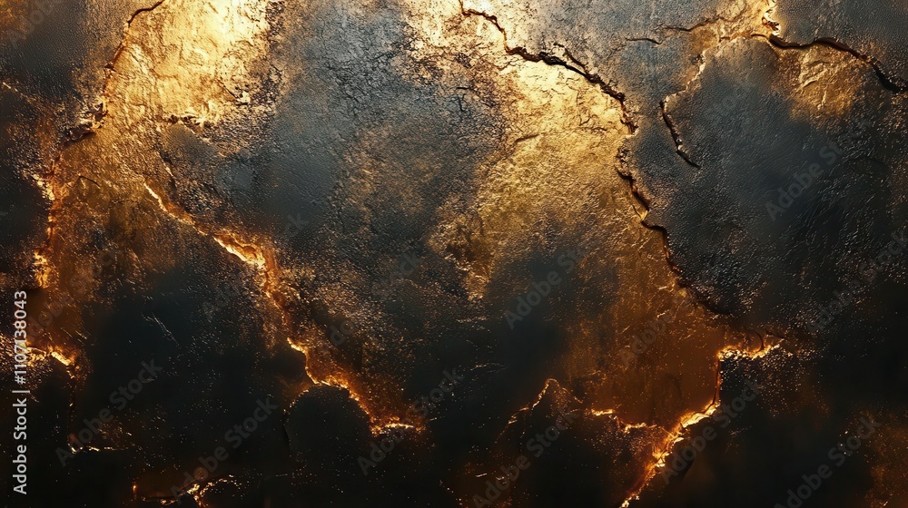 Poster a textured surface with dark tones and shimmering golden cracks, creating an abstract, artistic appe